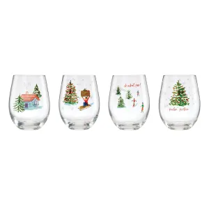 18 Oz "Oh What Fun" Wine Glasses, Set Of 4