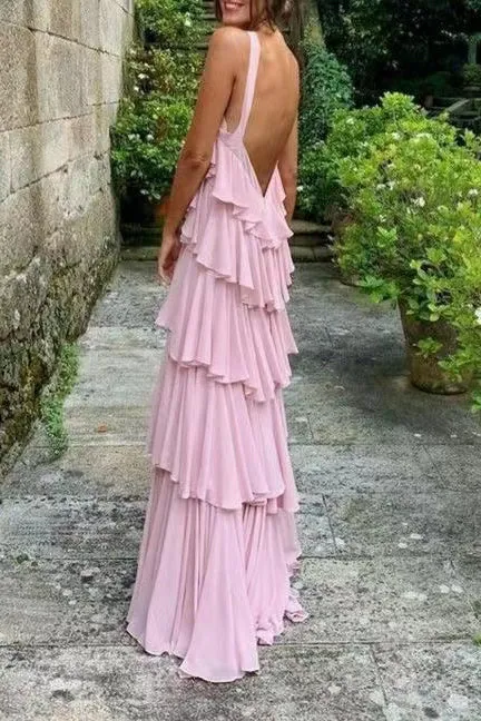 A Line Straps Tiered Chiffon Floor Length Long Prom Dress Pink Bridesmaid Dress UQP0190