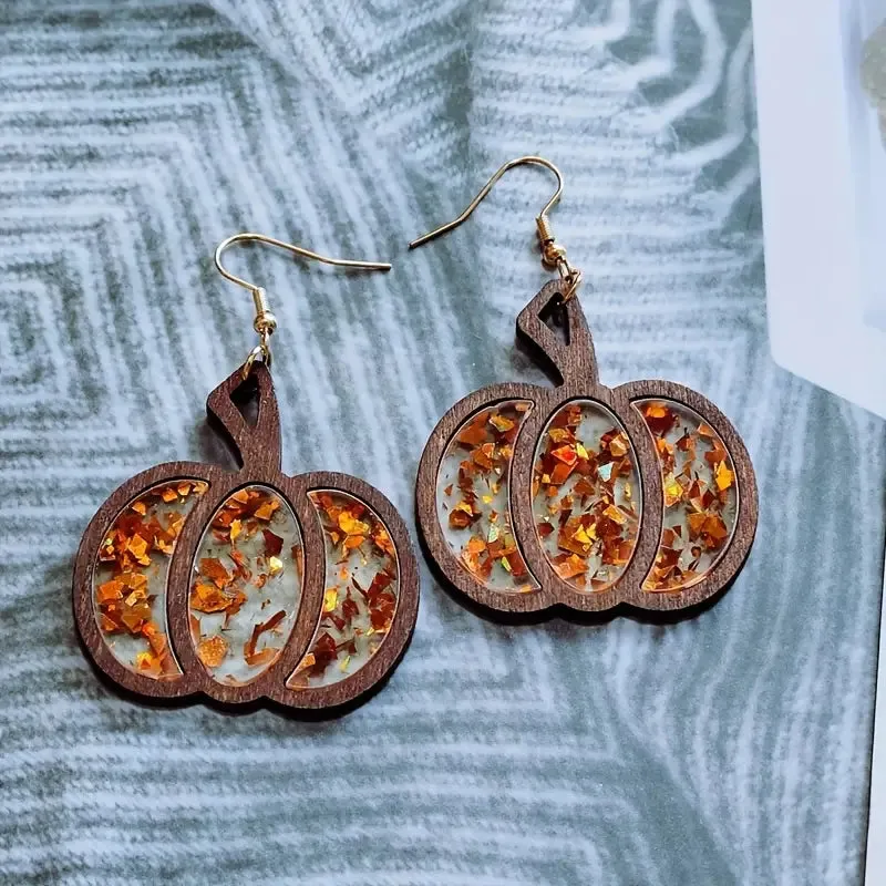 Acrylic Glitter And Wood Pumpkin Earrings