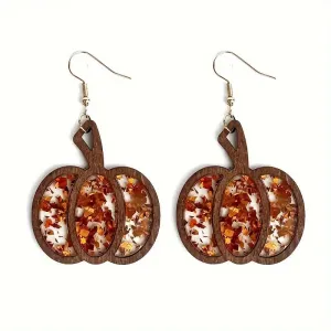 Acrylic Glitter And Wood Pumpkin Earrings