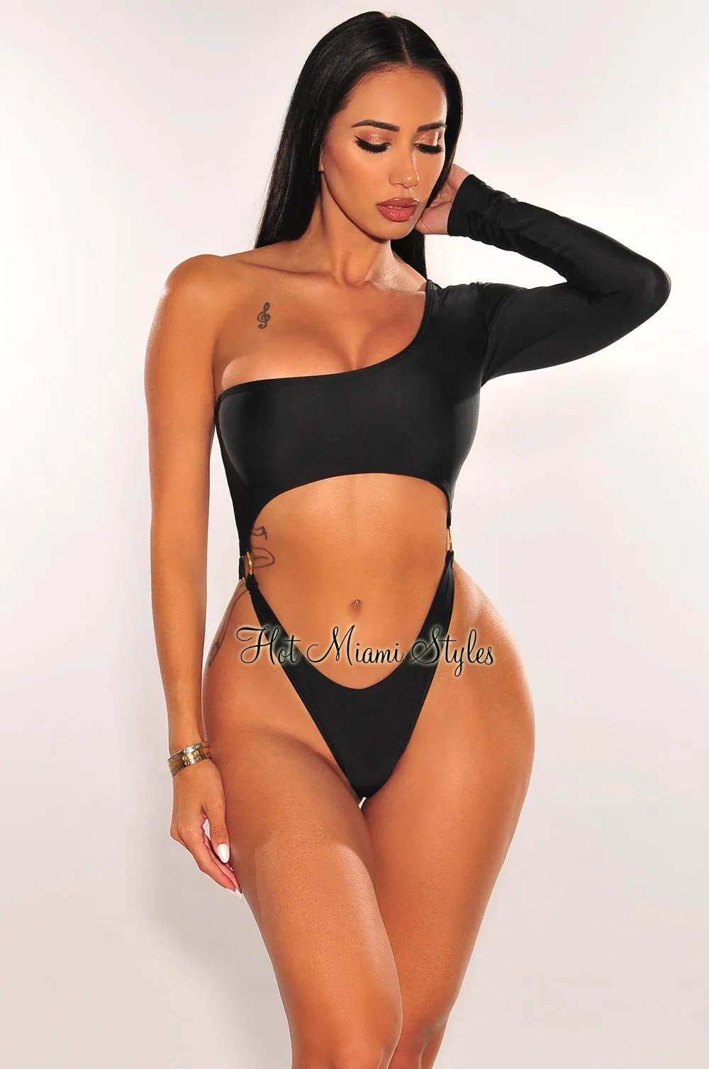 Black One Sleeve Cut Out O-Ring High Cut Swimsuit