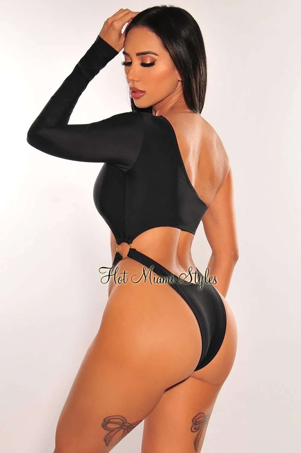 Black One Sleeve Cut Out O-Ring High Cut Swimsuit