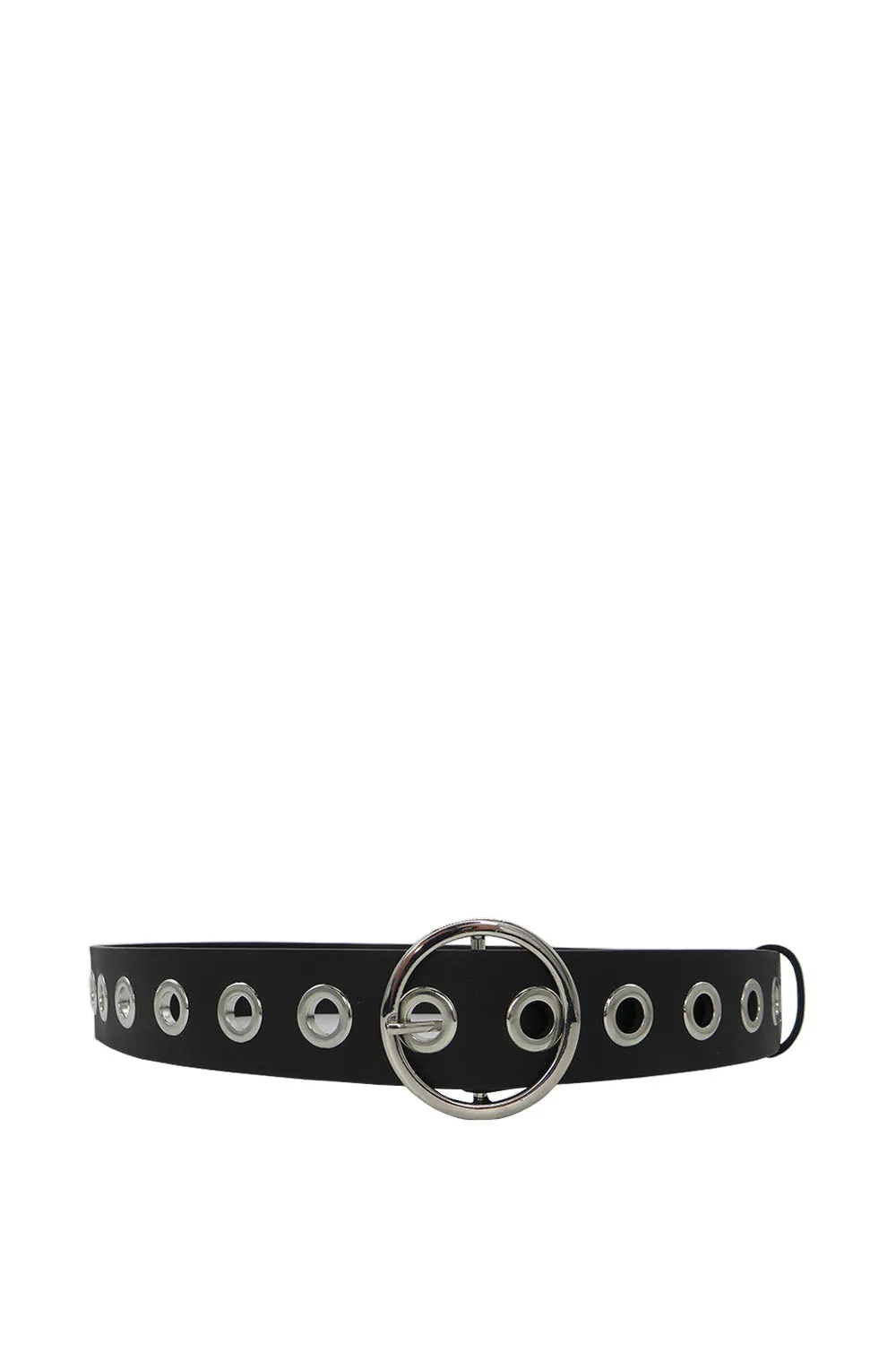 Circular Buckle Eyelet Belt in Black and Silver