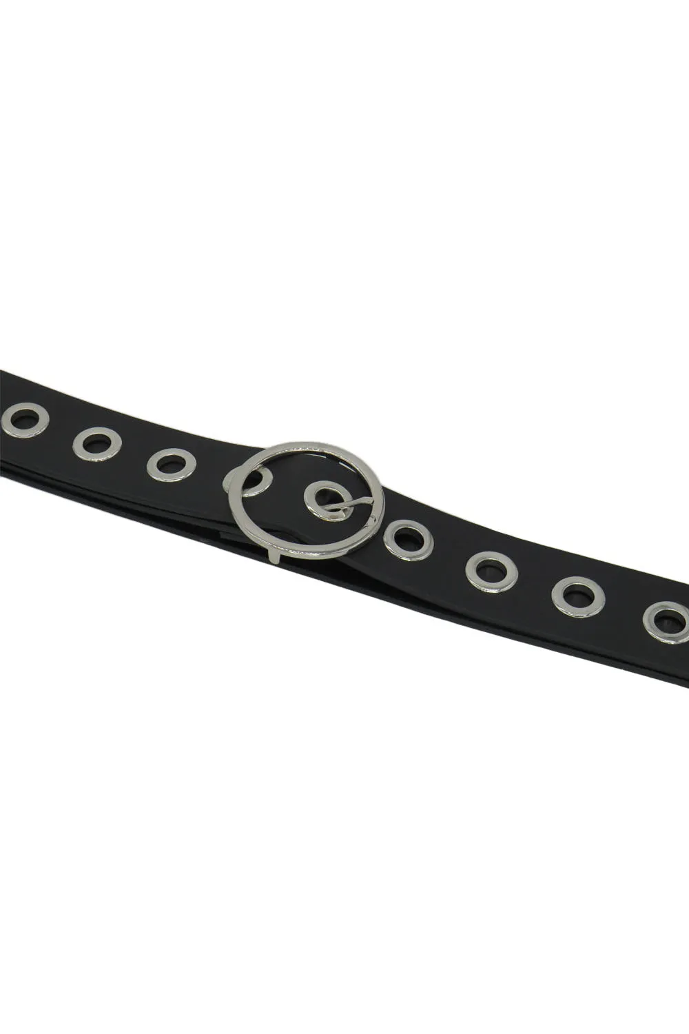 Circular Buckle Eyelet Belt in Black and Silver