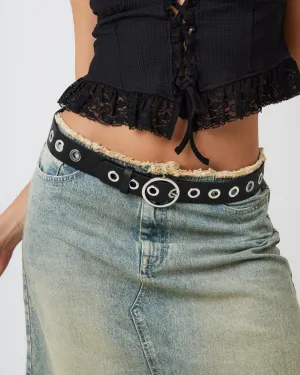 Circular Buckle Eyelet Belt in Black and Silver