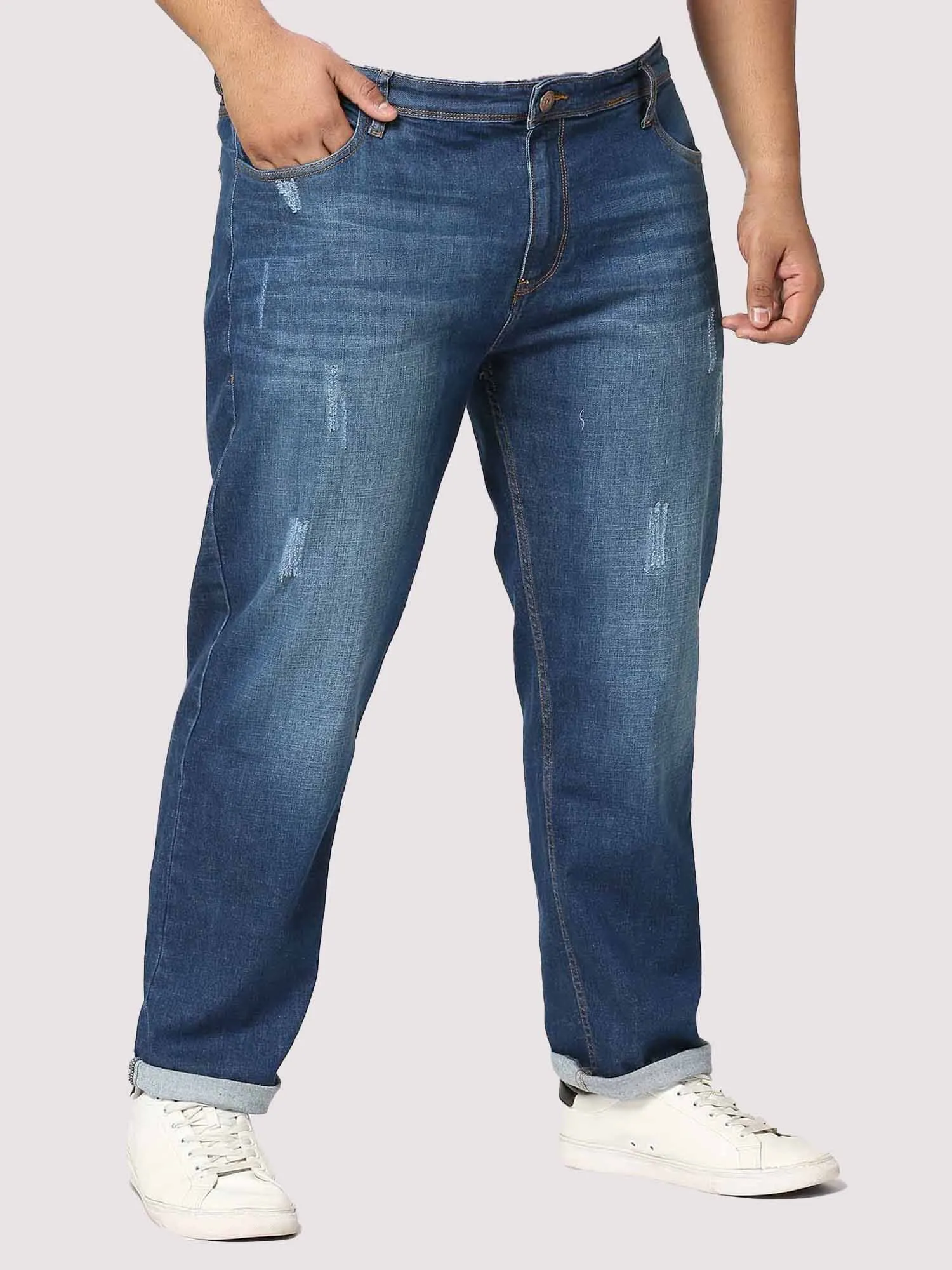 Deep Blue Distressed Stretchable Jeans Men's Plus Size