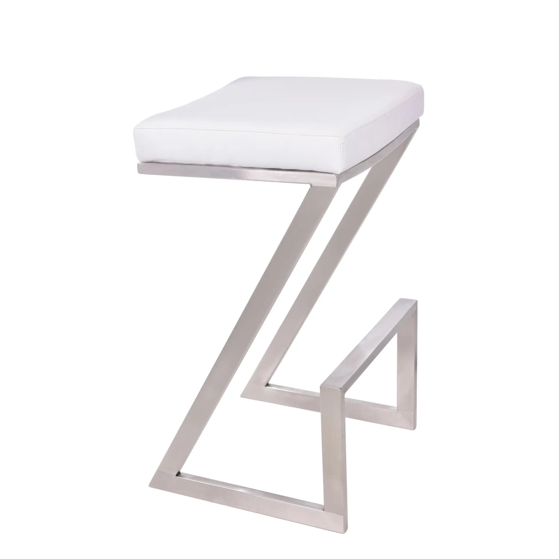 Modern Minimalist Luxury Italian White Faux Leather and Stainless Backless Bar Stool"