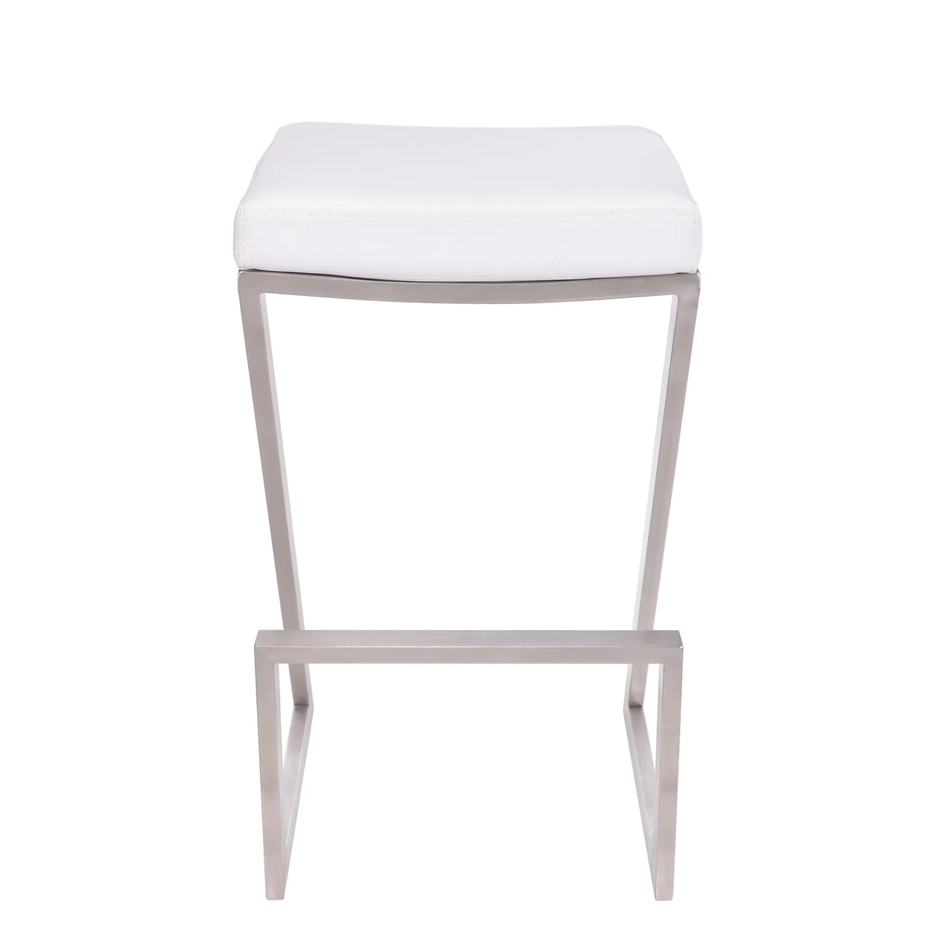 Modern Minimalist Luxury Italian White Faux Leather and Stainless Backless Bar Stool"