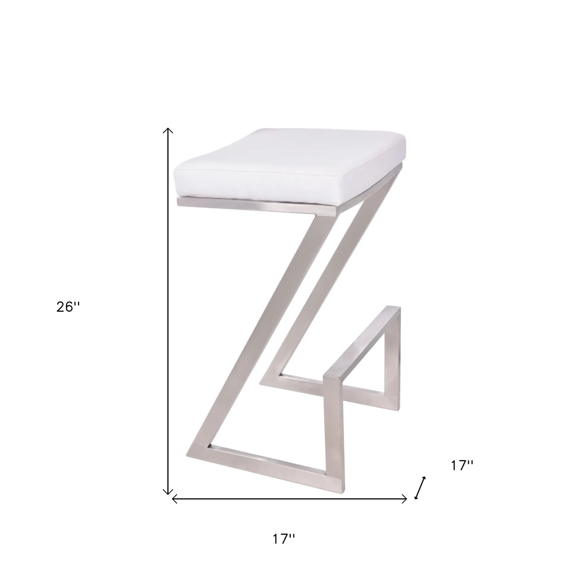 Modern Minimalist Luxury Italian White Faux Leather and Stainless Backless Bar Stool"