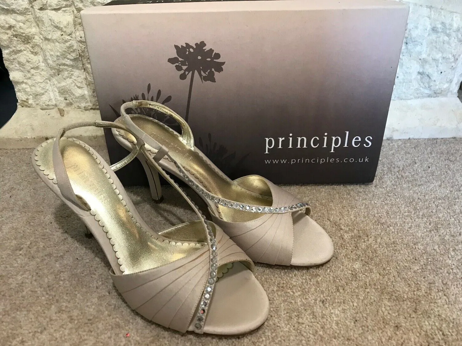 Principles Ladies Beige Silk Slingback Diamante Court Shoes UK 7 US 9 EU 40