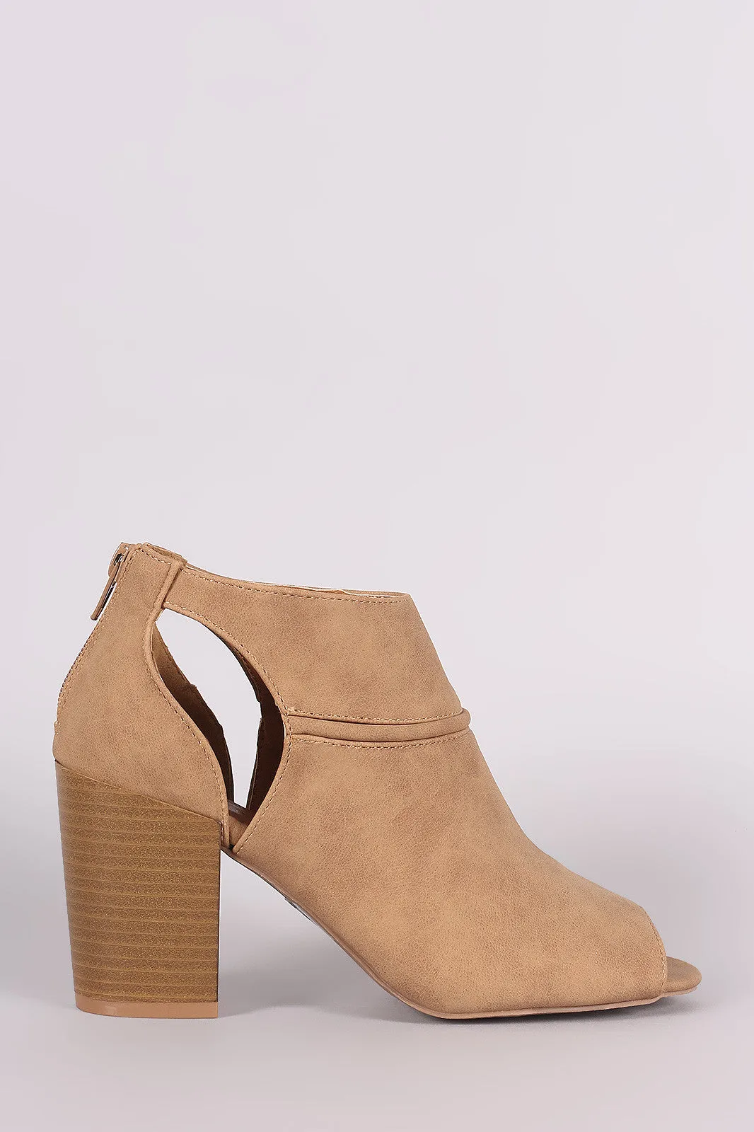 Qupid Suede Peep Toe Cutout Stacked Chunky Heeled Booties