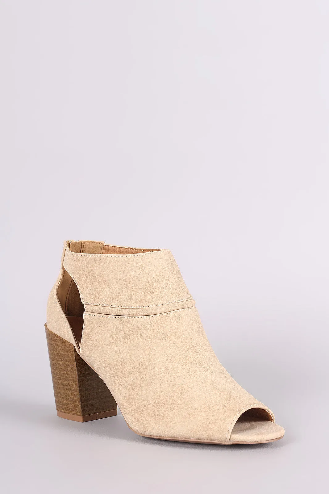 Qupid Suede Peep Toe Cutout Stacked Chunky Heeled Booties