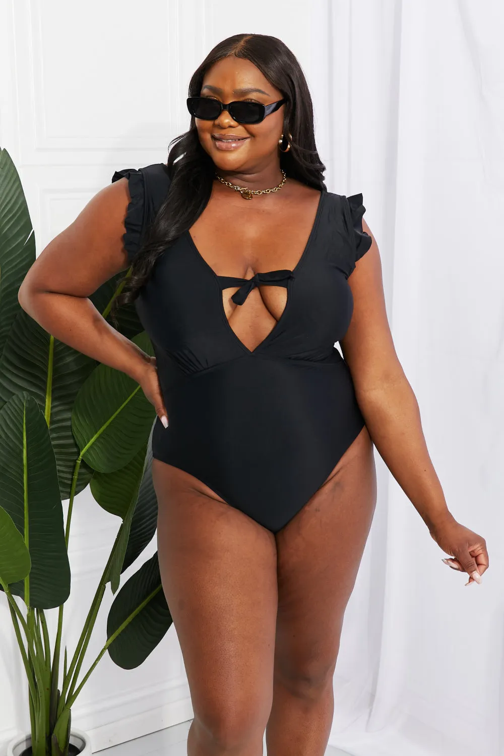 Seashell Ruffle Sleeve One-Piece Swimsuit in Black