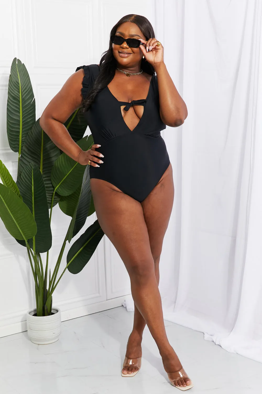 Seashell Ruffle Sleeve One-Piece Swimsuit in Black