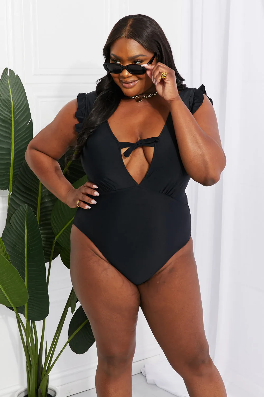 Seashell Ruffle Sleeve One-Piece Swimsuit in Black