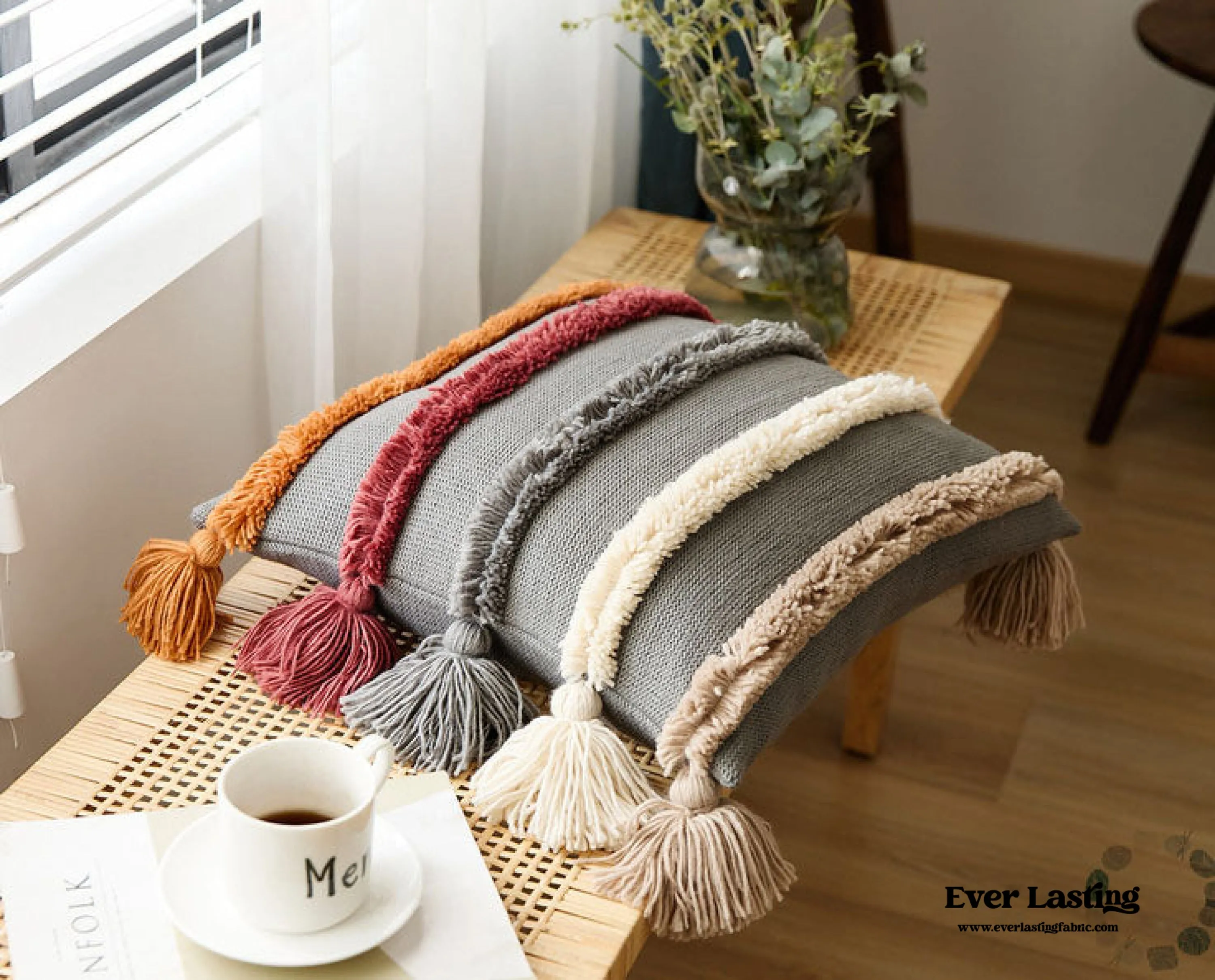 Warm Tone Fall Tufted Pillows with Tassels / Burgundy Red