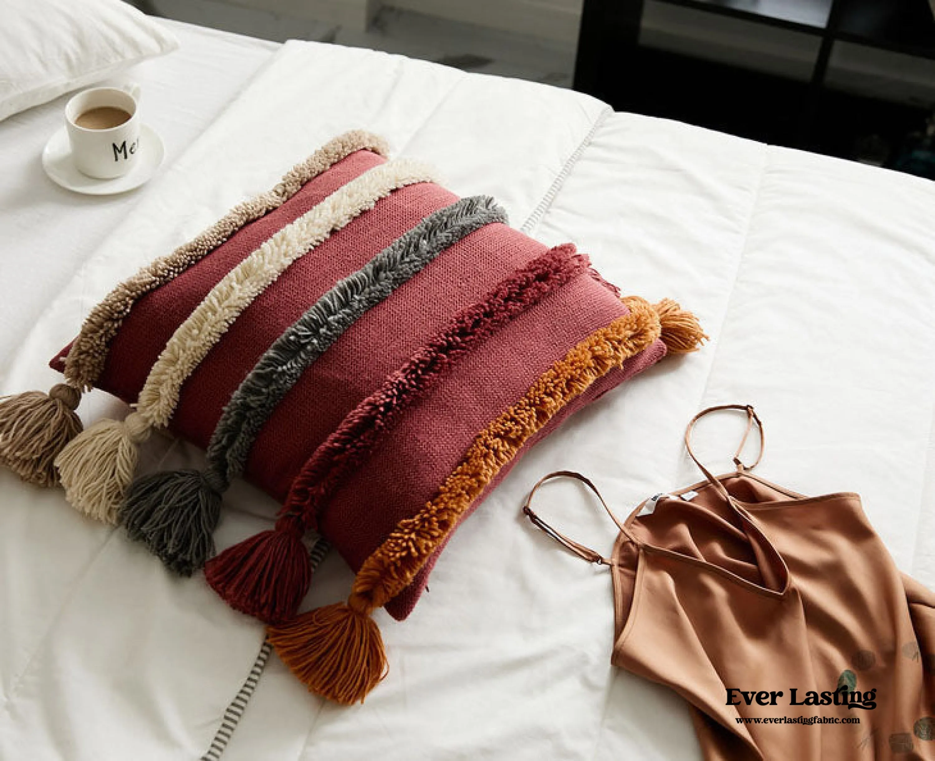 Warm Tone Fall Tufted Pillows with Tassels / Burgundy Red