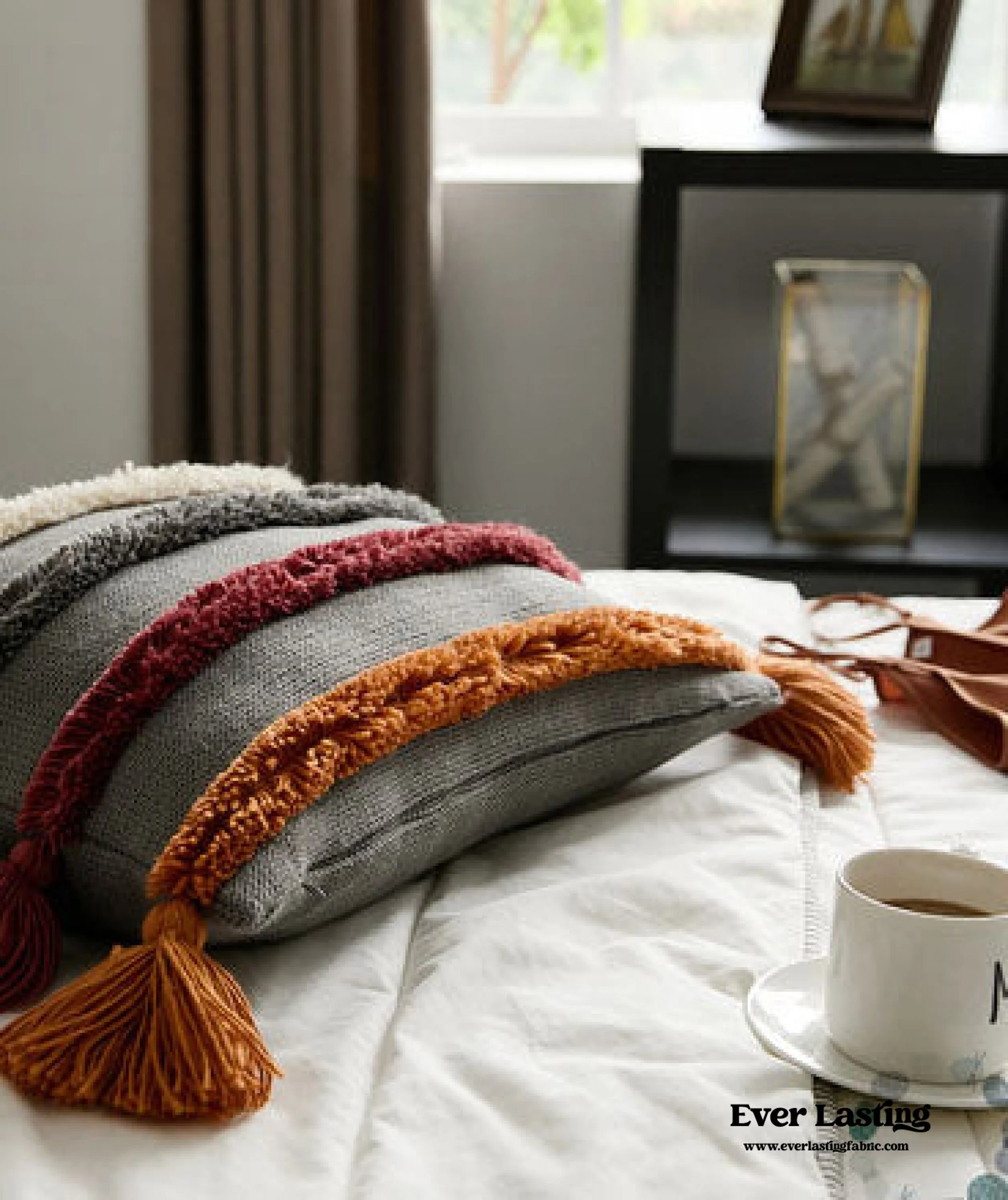 Warm Tone Fall Tufted Pillows with Tassels / Burgundy Red