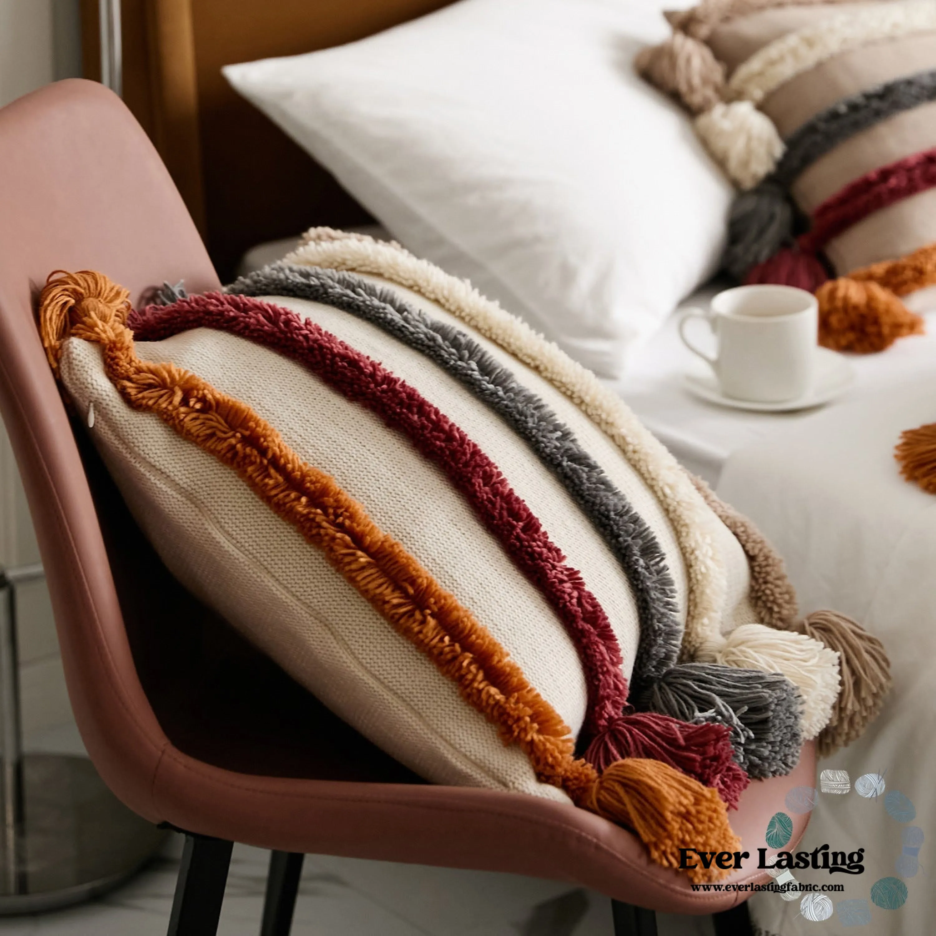 Warm Tone Fall Tufted Pillows with Tassels / Burgundy Red