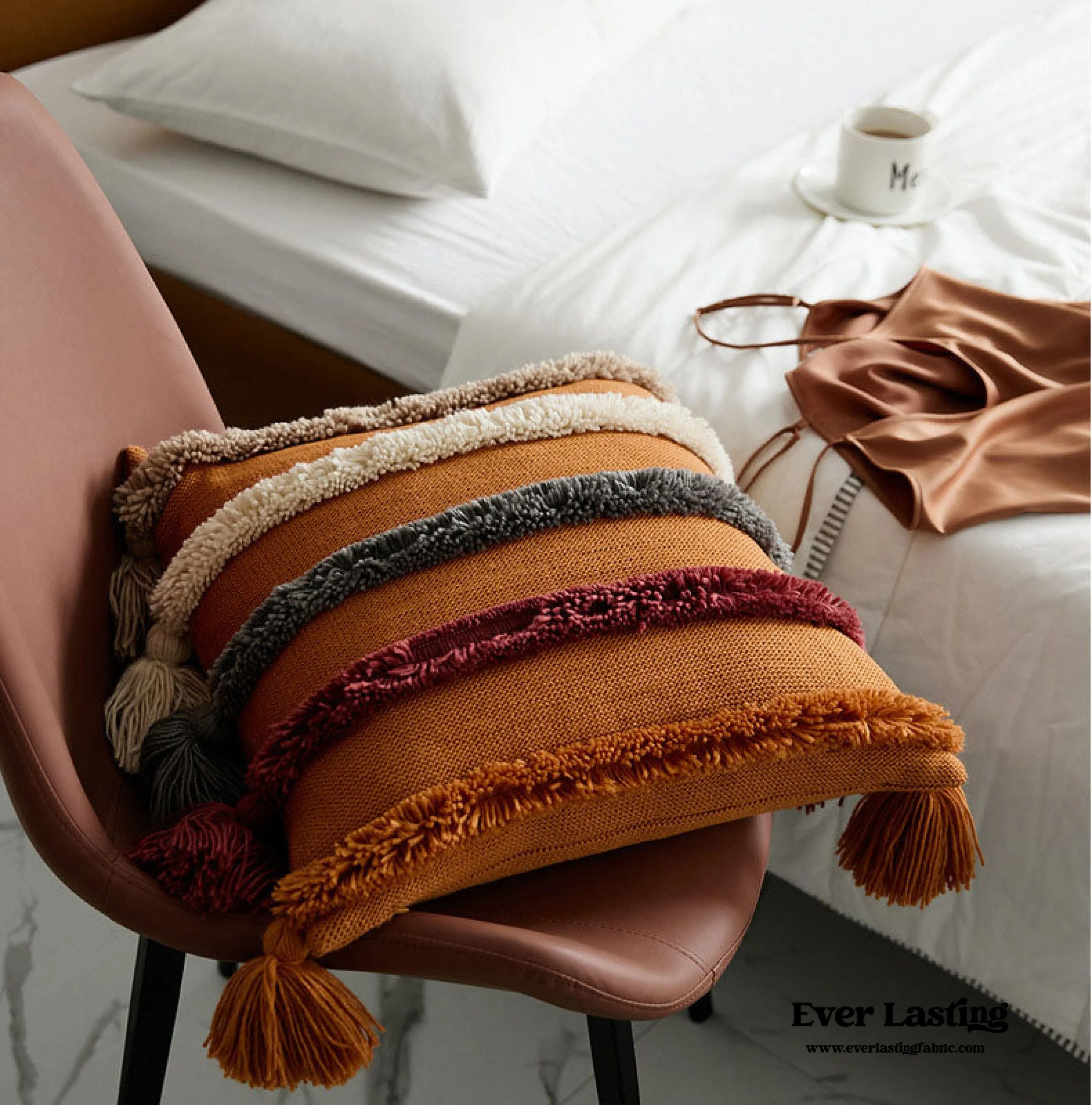 Warm Tone Fall Tufted Pillows with Tassels / Burgundy Red