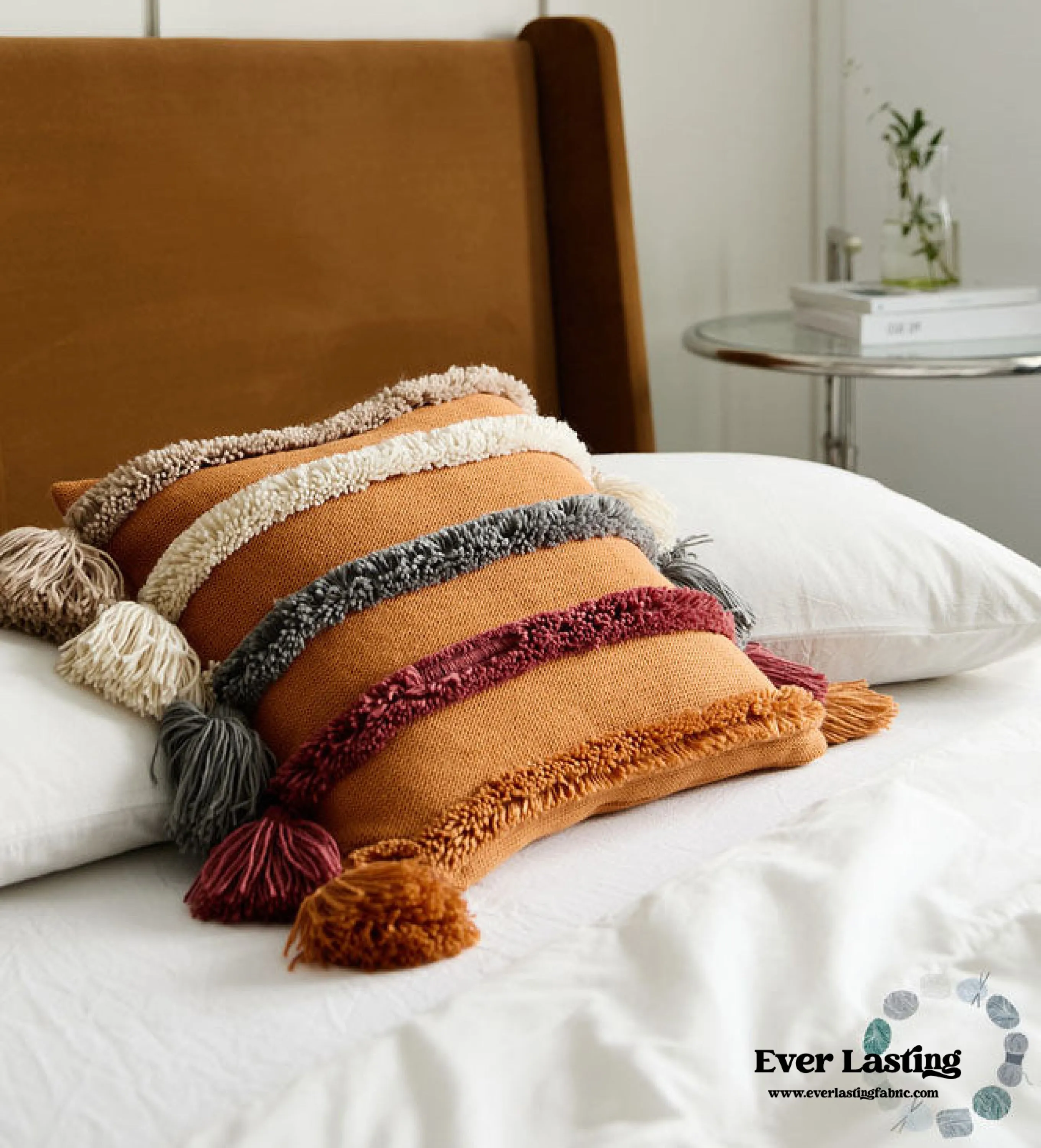 Warm Tone Fall Tufted Pillows with Tassels / Burgundy Red